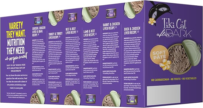 Tiki Cat After Dark Pâté, Variety Pack, High-Protein and 100% Non-GMO Ingredients, Wet Cat Food for Adult Cats, 3 oz. Cans (Pack of 12)