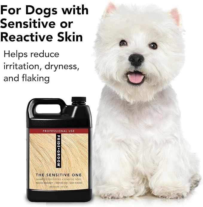 Pride and Groom The Sensitive One | Dog Grooming Shampoo for Puppies and Dogs with Itchy, Dry Skin| Tearless All Natural Body Wash with Essential Oils to Soothe Skin and Reduce Dandruff – 128oz