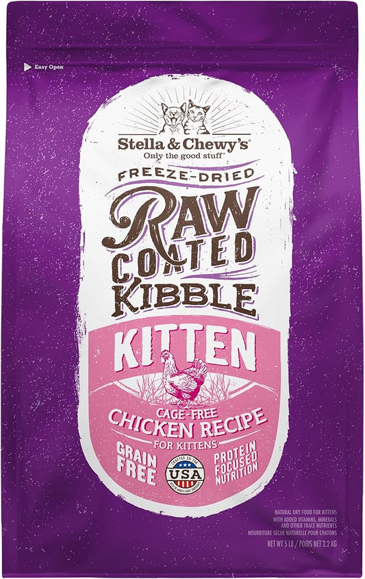 Stella & Chewy's Raw Coated Premium Kibble Cat & Kitten Food – Grain Free, Protein Rich Meals – Cage-Free Chicken for Kittens Recipe – 5 lb. Bag