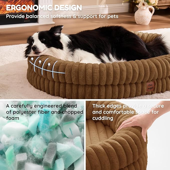 ChiXnuggle XL Dog Bed - Luxury Striped Faux Fur Waterproof Pet Couch with Removable Washable Cover, Orthopedic Dog Bed with Bolster Sides for Sleeping, Brown