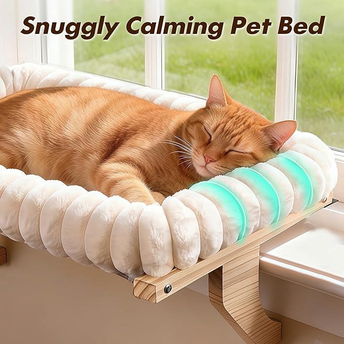 Zoratoo Cloud-Cuddle Cat Perch for Window Sill with Bolster, Natural Wood & Metal Frame Cat Window Seat for Large Cats, Easy to Adjust Zipper Cushion Pet Bed for Windowsill (Large)