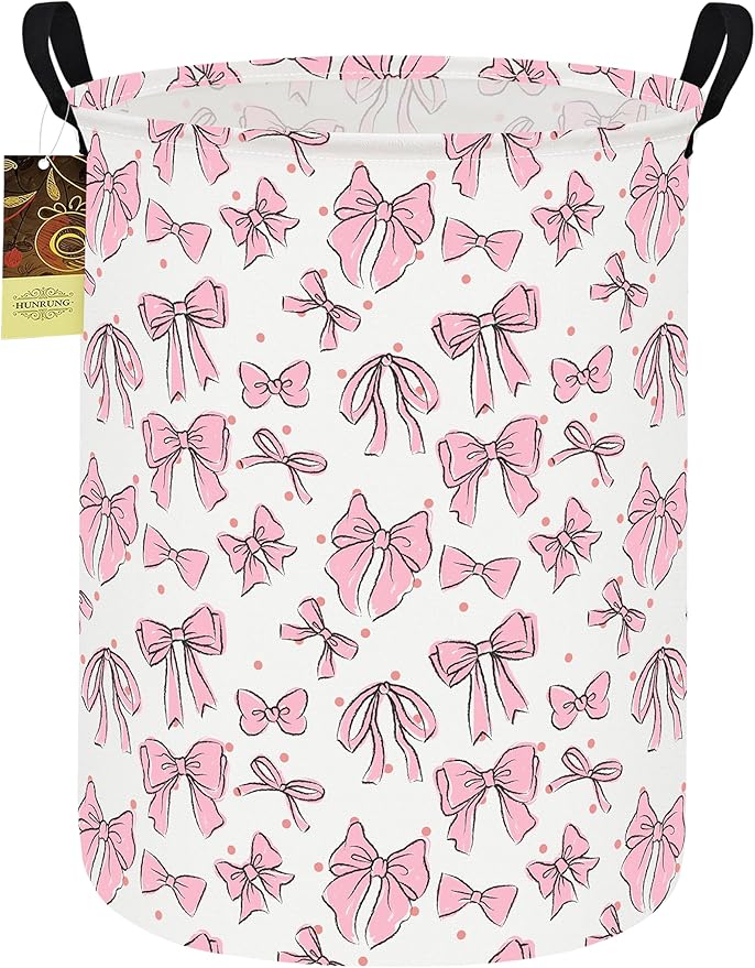 Collapsible Fabric Storage Basket, Waterproof Laundry Hamper with Handles, Round Storage Bin for Clothes Toys, Foldable Organizer for Bedroom Nursery Bathroom(Round-Pink Bow)
