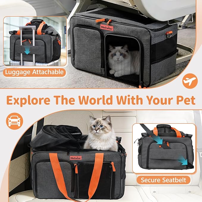Cat Pet Carrier Soft Sided Bag Airline Approved, Foldable Travel Large Carrier for Small Kittens Medium Cats Up to 15 Lbs, Expandable Carrying Case for Car, Comfortable for Transport