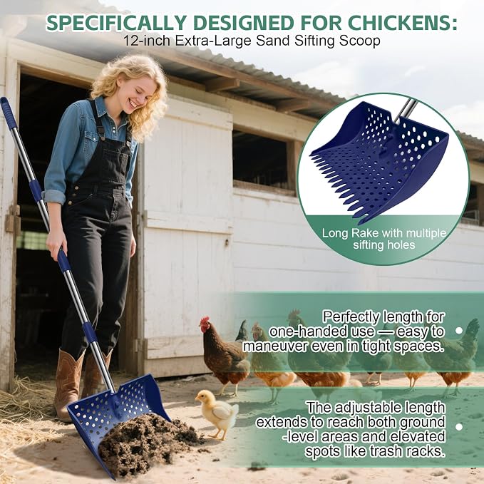 12" 2-in-1 Chicken Poop Scooper & Rake, 3-Shape Sifting Holes Chicken Coop Rake, Stainless Steel Handle (20–61") - Litter Scooper & Sand Sifting Shovel (U.S. Patent No. D1124534) - Blue