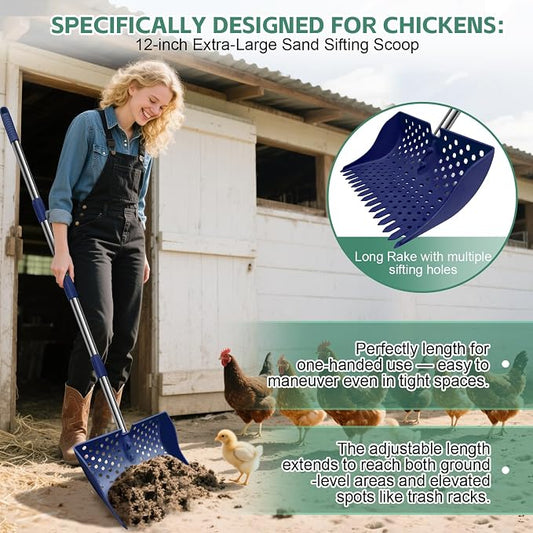 12" 2-in-1 Chicken Poop Scooper & Rake, 3-Shape Sifting Holes Chicken Coop Rake, Stainless Steel Handle (20–61") - Litter Scooper & Sand Sifting Shovel (U.S. Patent No. D1124534) - Blue