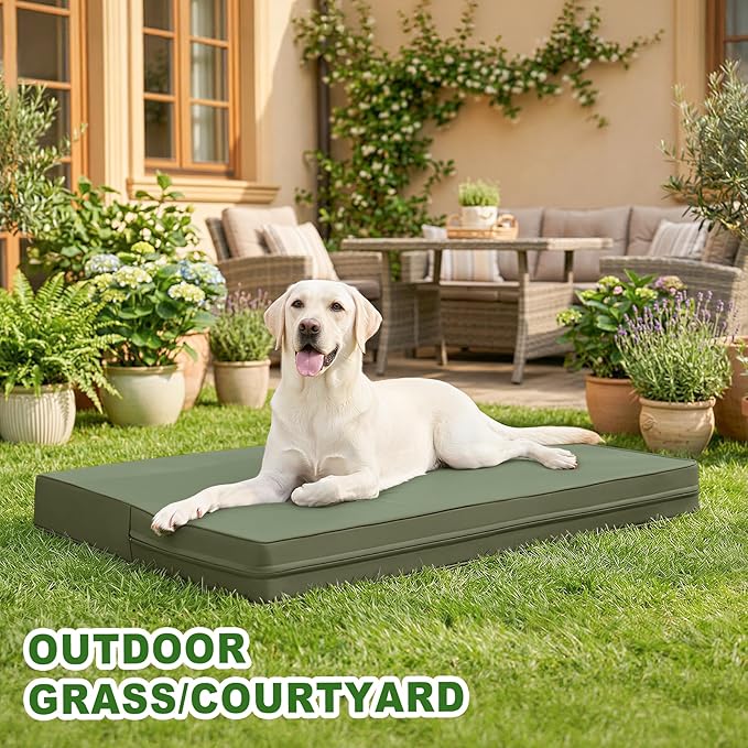 Vonabem Outdoor Dog Bed Waterproof Washable, XL Large Dogs Crate Pad 42 inch, Cooling Wipeable Leather Pet beds, Foam Anti-Slip Kennel Pads with Removable Cover Reversible, 41"x27" Green