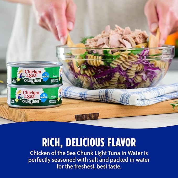 Chicken of the Sea Wild Caught Chunk Light Tuna, 5 Ounce Cans, 48-Count – High Protein 100% Classic Chunk Tuna in Water – Delicious, Easy, Nutritious Ready to Eat Meals