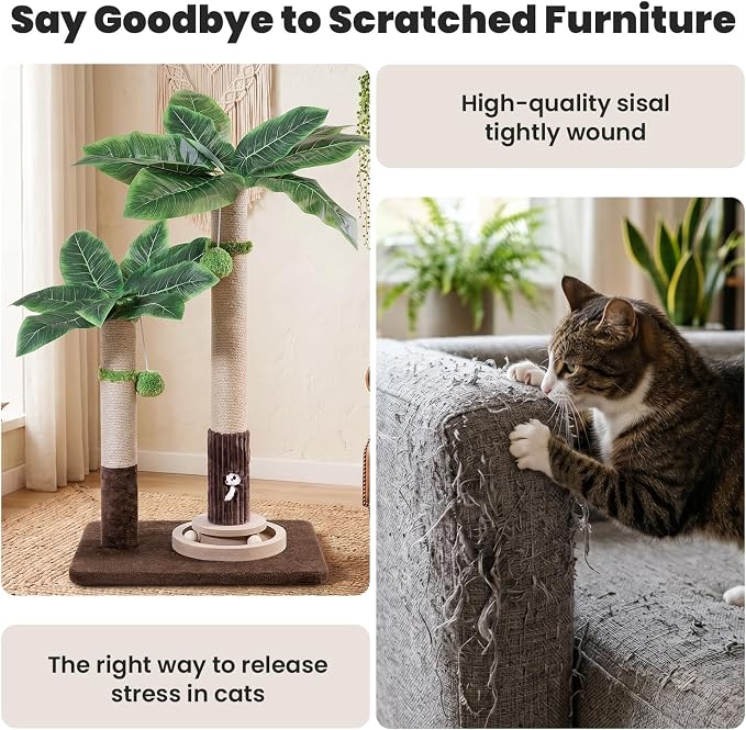 WOOCHPET Palm Tree Cat Scratching Post with Interactive Toys, Dual-Height Sisal Scratcher for Kittens, Adult & Large Indoor Cats