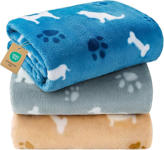 Luciphia 3 Pack Dog Blankets, Soft Fleece Puppy Blanket with Cute Bone Print, Cozy Pet Throw Blanket for Crate Couch Bed Travel, Machine Washable, Blue/Grey/Khaki,30x20