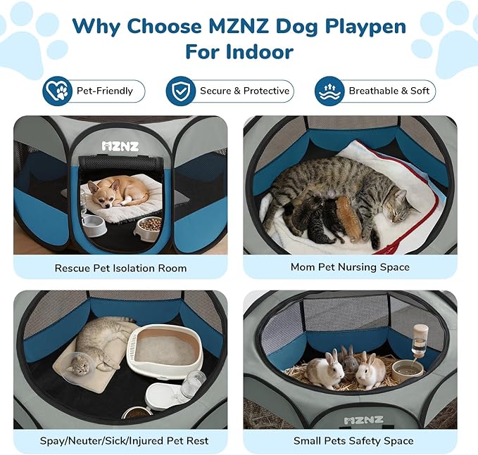 Dog Cat Playpen, Portable Small Animal Playpen Crate Indoor for Dogs Cats Rabbits, Foldable Guinea Pigs Bunny Cage Enclosure Outdoor, Pop Up Dogs Cats Tent Kennel with Carrying Case, Grey Blue