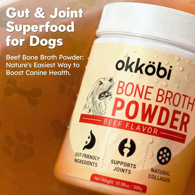 Beef Bone Broth for Dogs - All-Natural Food Topper for Picky Eaters - Powder Supplement for Joint Health, Digestion & Hydration, 10.5oz