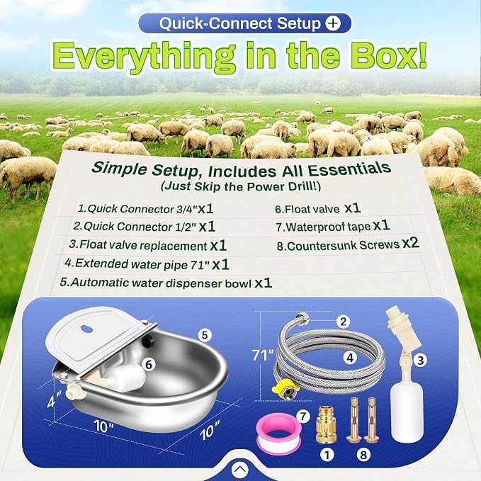 Ademon Automatic Animal Drinking Water Bowl with Float Valve, Extended Pipe & Drain Hole, Stainless Steel Waterer Feeder Farm Dog Dispenser Kit Self Filling for Livestock Horse Goat Water Trough