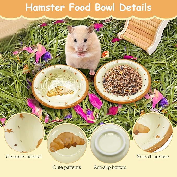kathson Hamster Ceramic Food Bowl Small Animal Bowls with Croissant Pattern for Cage Guinea Pig Anti-Turning Food and Water Dish Pet Feeder for Gerbil Hedgehog 2PCS