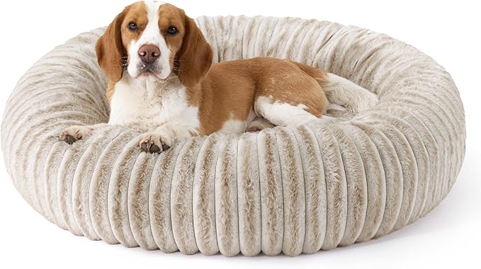 Bedsure ComfyFleece™ Donut Large Dog Bed - Washable Faux Fur with Corduroy Fleece & Anti Slip Bottom, Round Pet Bed with Removable Cover, Amphora, 36x36x8 inches