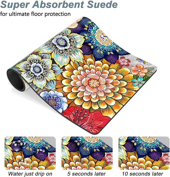 Rnivvi Dog Food Mat, 12" x 19" Flower Absorbent Dog Cat Bowl Mat for Food and Water, 3MM Anti-Slip Rubber Pet Feeding Rug Protect Floors, Puppy Placemat for Feeding & Watering Supplies, Mandala Floral