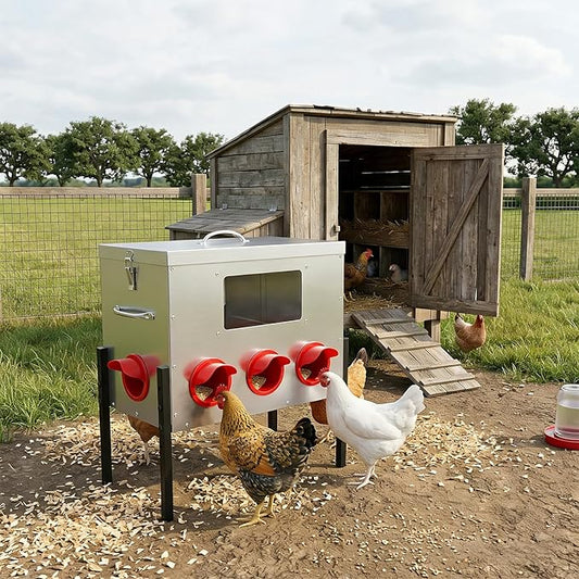 42 lb Large Automatic Chicken Feeder with Window - 8 Port No Waste Design, Rodent Proof Chicken Feeder, Galvanized Heavy-Duty Outdoor Metal Feeder, Weatherproof Silo for Hens, Ducks, Geese, Poultry