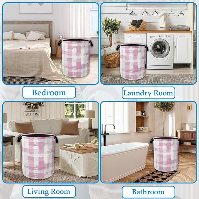 Pink Plaid Laundry Basket Collapsible Laundry Hamper with Handle, Oxford Clothes Toy Storage Bin for Bathroom Bedroom Room Decor, Gift Basket 16" X 20.8"