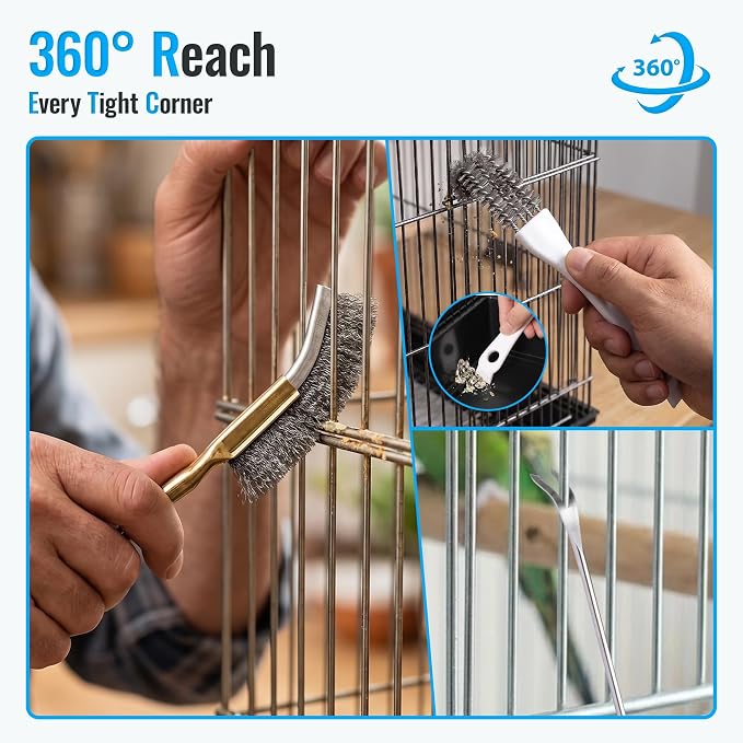 SIMPOR Bird Cage Cleaner Brush Kit, Bird Poop Remover, 5 PCS Cleaning Tools Set with Mini Dustpan, Scraper and Wire Brushes, Bird Cage Accessories for Parrot, Parakeet, Budgie, Cockatiel