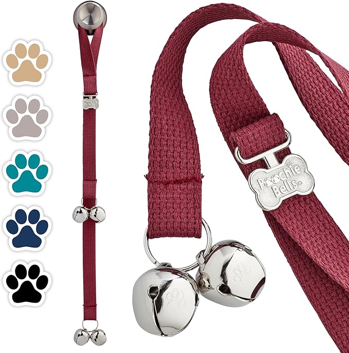 PoochieBells Dog Door Bells for Potty Training, Quick & Easy Puppy Potty Training Method Included, Handcrafted in USA with Loud, Paw-Safe Bells, Durable Cotton Webbing - Maroon