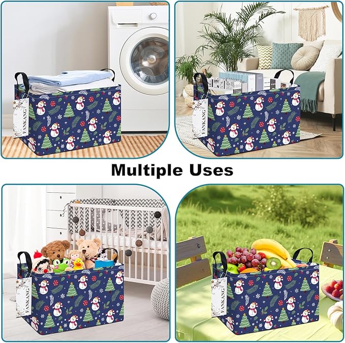 Storage Bins,Christmas Nursery Hamper Canvas Laundry Basket Foldable with Waterproof PE Coating Storage Baskets for Boys and Girls, Office, Bedroom,Toys(Rec-Christmas snowman ）