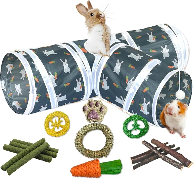 Rabbit Tunnel Toy, Collapsible 3-Way Hideout Tunnel with Chew Toys for Rabbits, Guinea Pigs, Ferrets, Kittens & Small Pets - Gray & White Bunny Carrot Design Hideout (33"x20"x9.5")