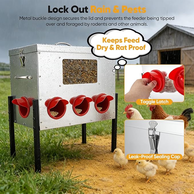 42 lb Large Automatic Chicken Feeder with Window - 8 Port No Waste Design, Rodent Proof Chicken Feeder, Galvanized Heavy-Duty Outdoor Metal Feeder, Weatherproof Silo for Hens, Ducks, Geese, Poultry