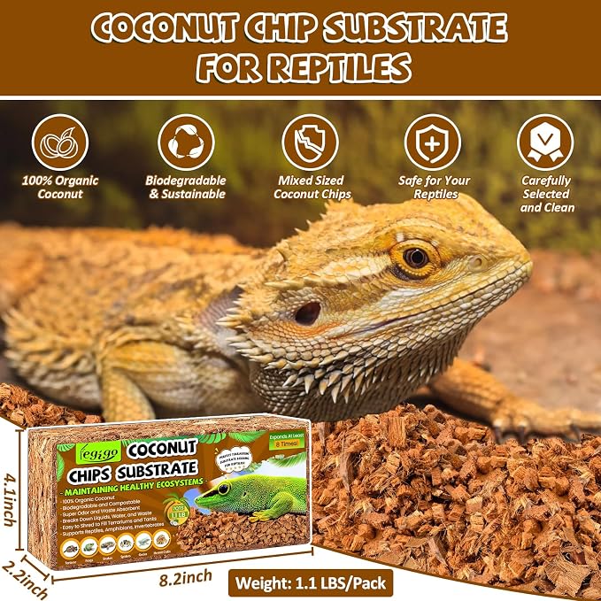 Legigo 2 Pack Coconut Chip Substrate for Reptiles, Natural Coco Husk Chip Reptiles Bedding, Compressed Coconut Chip Substrate for Snake, Tortoise, Ball Python, Gecko, Lizard Terrarium Tanks