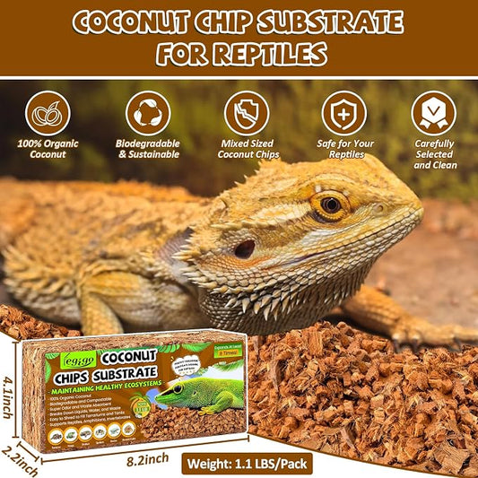 Legigo 2 Pack Coconut Chip Substrate for Reptiles, Natural Coco Husk Chip Reptiles Bedding, Compressed Coconut Chip Substrate for Snake, Tortoise, Ball Python, Gecko, Lizard Terrarium Tanks