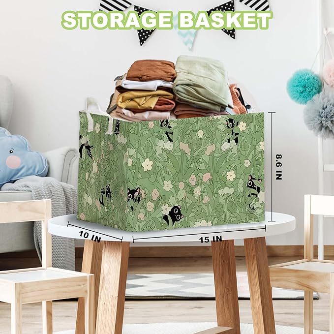 Black Cat Flower Green Storage Basket, Cats Gift Hamper for Pet Owners, Black Cat Bathroom Decor,Bin for Pet Lovers, Organizer Baskets for Bedroom, Large Squarecanvas Laundry Hamper With Foldable