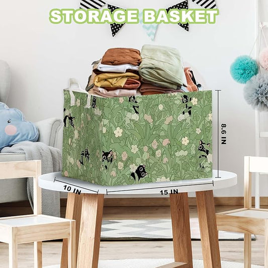 Black Cat Flower Green Storage Basket, Cats Gift Hamper for Pet Owners, Black Cat Bathroom Decor,Bin for Pet Lovers, Organizer Baskets for Bedroom, Large Squarecanvas Laundry Hamper With Foldable
