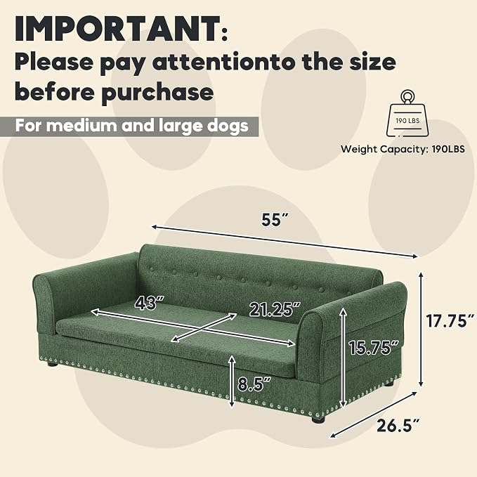 55" Dog Sofa for Medium to Large Dogs, Button Tufted Dog Couch Bed with Backrest and Armrests, Durable Memory Foam Pet Bed, Removable Cushion for Medium and Large Dogs, Green