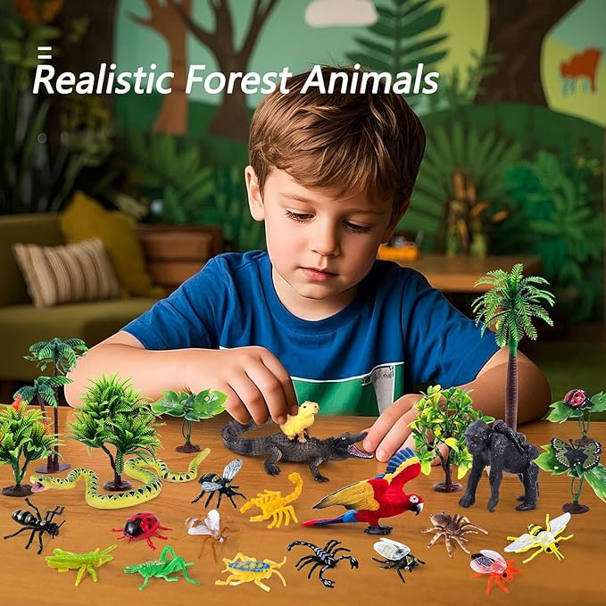 SIENON 39Pcs Realistic Rainforest Animal Figurines Set Rainforest Diorama Supplies with Gorilla Parrot Crocodile Capybara Jungle Animals Model Tree Playset for Kids School Project Birthday Decoration