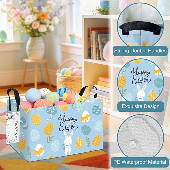Storage Bins,Nursery Hamper Canvas Laundry Basket Foldable with Waterproof PE Coating Storage Baskets for Boys and Girls, Office, Bedroom, Clothes,Toys(Rec-Easter eggs ）