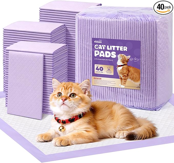 Powools Cat Pee Pads - Leak-Resistant Disposable Pee Pad for Cats, 12 x 17.5" Cat Litter Box Pads, 900g Absorbency, for Litter Box Drawers, Pet Carriers & Floor Use, 40 Count, Fresh Scent