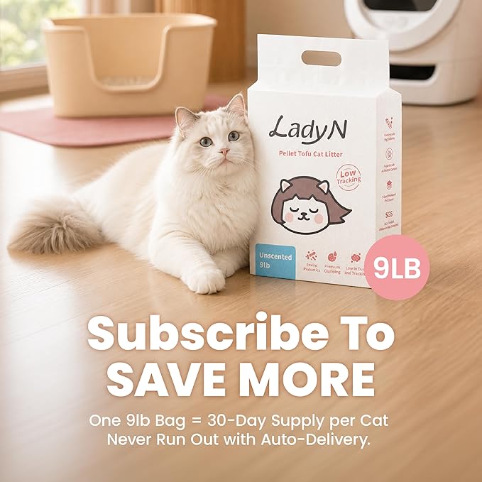 Lady N Cat Attract Tofu Litter – Natural Attractant Formula for Litter Box Training, Calming Pheromone for Multi-Cat Homes, Granular Mini-Pellet Shape for Self-Cleaning Box, 9lb