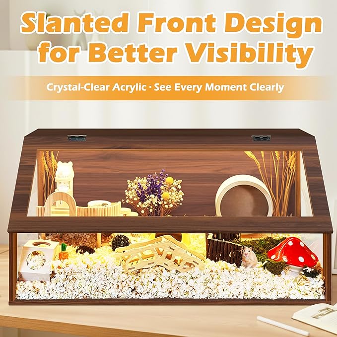PROLEE Hamster Cage Chewproof, 40" x 20" x 20" Sloped Mice and Rat Habitat with Clear View, Solid Built with Lockable Design and Openable Top, Walnut