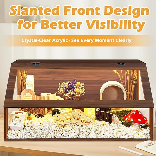 PROLEE Hamster Cage Chewproof, 40" x 20" x 20" Sloped Mice and Rat Habitat with Clear View, Solid Built with Lockable Design and Openable Top, Walnut