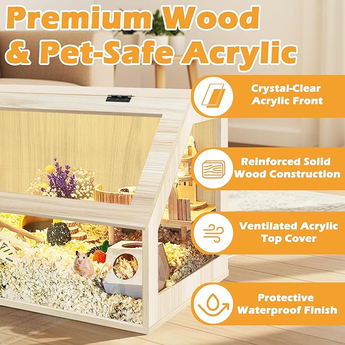 PROLEE Hamster Cage Chewproof, 40" x 20" x 20" Sloped Mice and Rat Habitat with Clear View, Solid Built with Lockable Design and Openable Top (Oak)