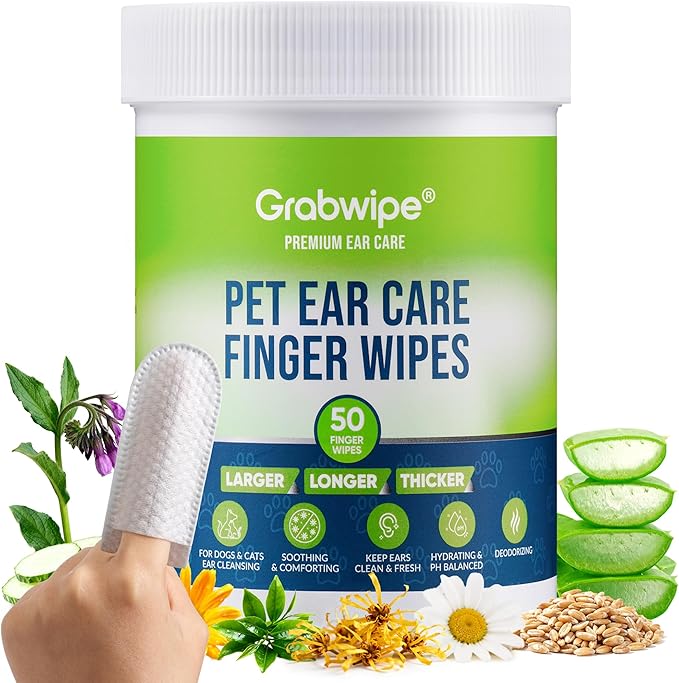 Dog Ear Wipes – Finger Design Ear Cleaner for Dogs & Cats, Made with 8 Botanical Extracts, No Rinse, Gentle Easy Cleaning & Deodorizing, Calm Irritation, Fragrance Free, Large Easy Fit,50 Ct