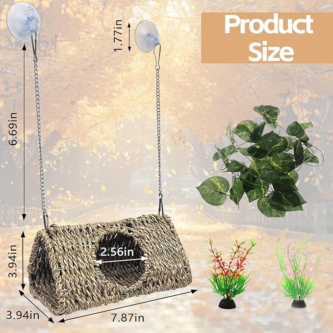 Reptile Hide Cave,Hollow Gecko Hide,Hanging Seagrass Fiber Bearded Dragon Hammock Swing Lizard Cage Climbing Toys with Suction Cups&Chains,Reptile Tank Decor with Simulation Plants-Triangle S