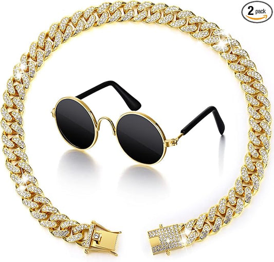 Xuniea 2 Pieces Cat Dog Chain Collar and Sunglasses Set Rhinestone Necklace with Secure Buckle Round Glasses for Doll Cat Dog Pet Accessories(14 Inch,Gold, Black)