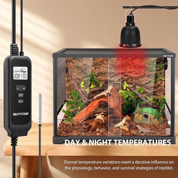 REPTITRIP 5.5 Inch Reptile Heat Lamp Fixture with PID Thermostat & 100W Ceramic Heat Emitter (Non-Light Emitting), Independent Day & Night Temperatures, Lampshade MAX 100W