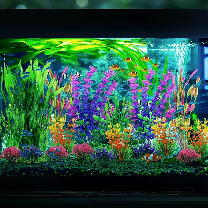 QUOZUO Fish Tank Decorations Plants, 20pcs Aquarium Decorations Plants Plastic, Fish Tank Accessories, Fish Cave and Hideout Ornaments, Aquarium Decor