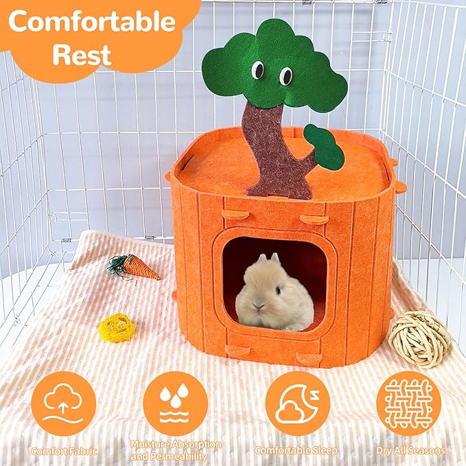 Rabbit Hideout,Felt Cloth Bunny Bed,Tree Stump Theme Guinea Pig Hideout and Bed,Small Animal Hideaway House,Rabbits Hiding Hut for Ferret Chinchilla Hedgehog