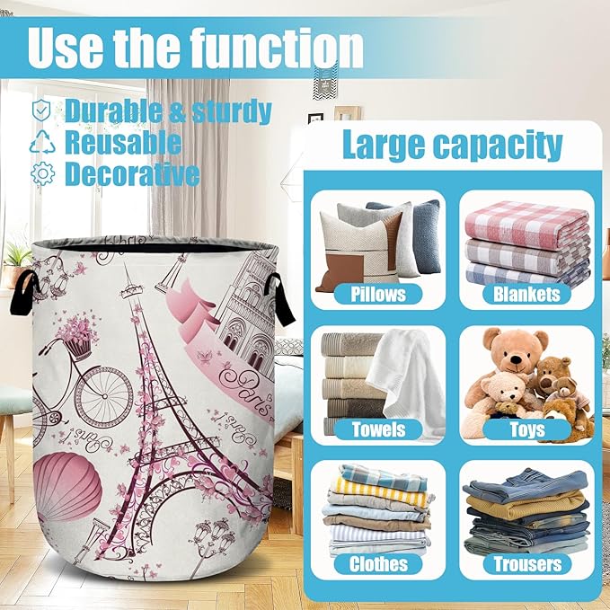 Romantic Paris Eiffel Tower Laundry Basket, Laundry Hamper Collapsible Oxford Cloth with Handle Clothes Storage Bin for Bathroom Laundry Room Bedroom 15.7 X 20 Inch