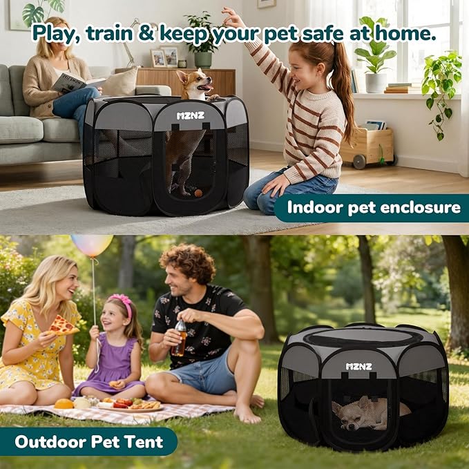 Dog Cat Playpen, Portable Small Animal Playpen Crate Indoor for Dogs Cats Rabbits, Foldable Guinea Pigs Bunny Cage Enclosure Outdoor, Pop Up Dogs Cats Tent Kennel with Carrying Case, Dark Grey