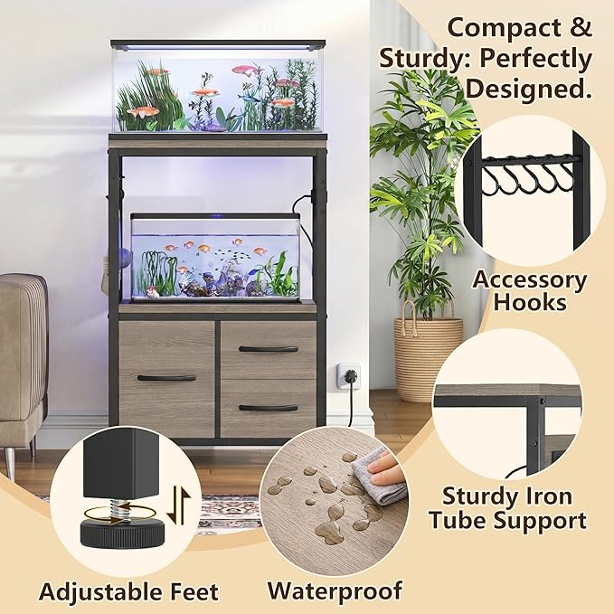 Heybly 5-10 Gallon Fish Tank Stand, Aquarium Stand with Drawer, Power Outlet, Heavy Duty Metal Frame, for Fish Tank, Turtle & Reptile Terrarium, 20.5" × 10.2" Top, 200lbs, Rustic Gray HAS002SSG