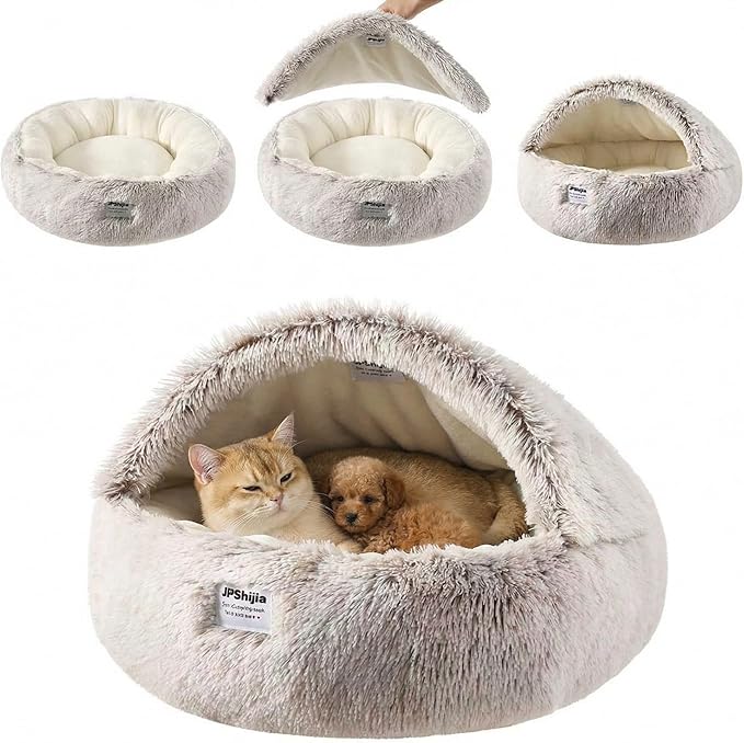 Hooded Dog Bed, Cat Cave Bed with Removable Hood, 2-in-1 Convertible Donut Cat Bed, All Season Fluffy Pet Bed for Cats Small Dogs (Cave Bed - Coffee Color, Large Size 23.6 in)