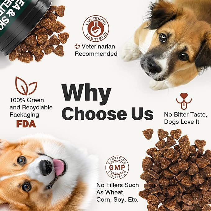 Dog Flea and Tick Prevention Allergy Chews - Omega 3 Skin and Coat Supplement,Immune Support,Natural Yeast,Itching & Licking Relief Treatment Chewable,Bites,Chews for Dogs Itching-200 Count