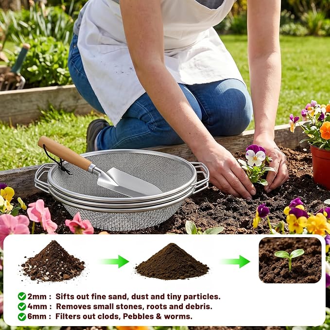 3PCS Soil Sifter for Gardening, Rock Soil Sifter with Handle Compost Sifting Screen for 5 Gallon Buckets with Metal Garden Tool Shovel Gloves 2,4,6mm Mesh Sizes Remove Stone Fine Gravel Sand Dirt